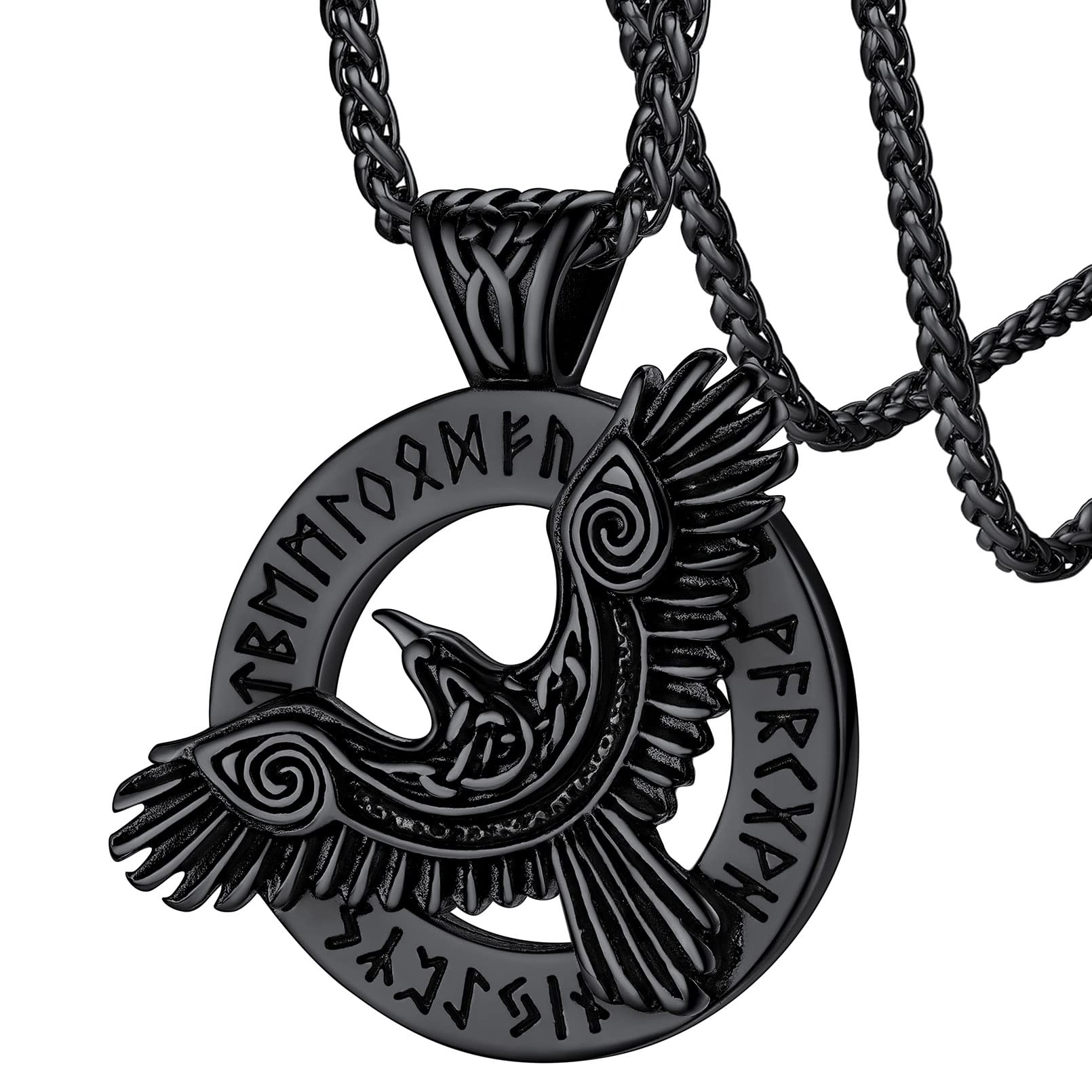 FaithHeart Viking Raven Necklace for Men, Norse Mythology Raven Skull Pendant Sturdy Stainless Steel Amulet Jewelry Gift for Men