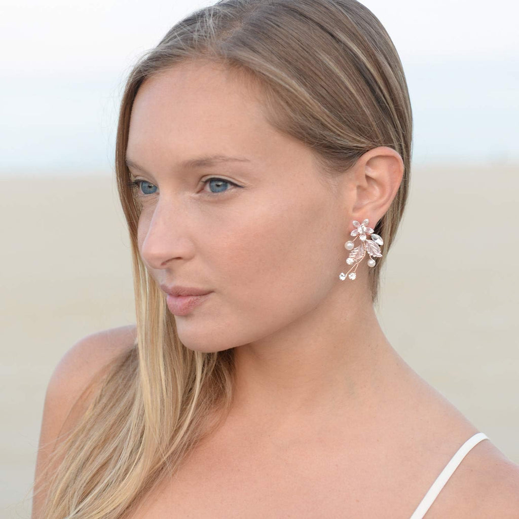 Mariell Bridal and Wedding Rose Gold Handmade Dangle Earrings with Clear Crystal Gems and Ivory Pearls