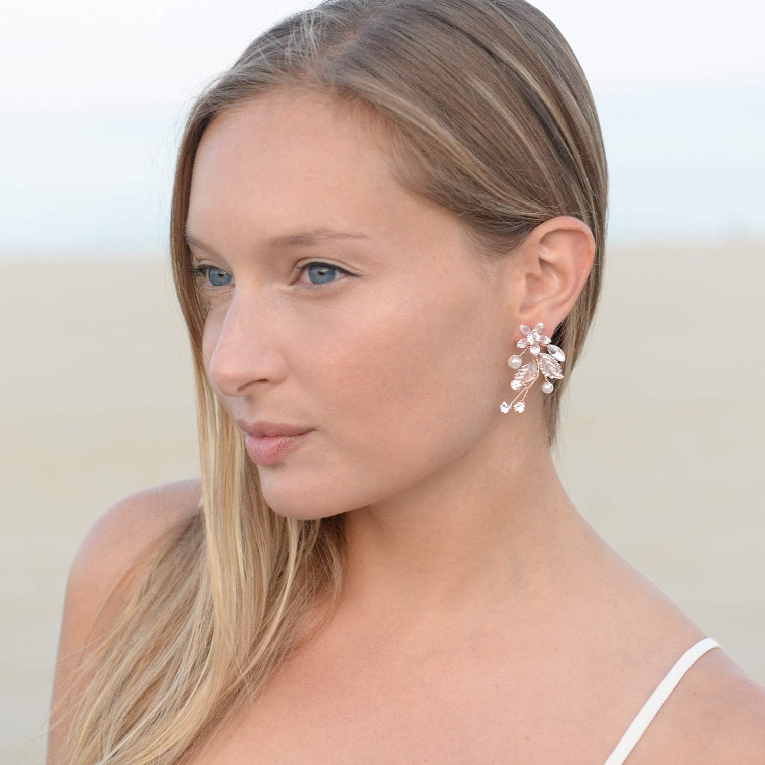 Mariell Bridal and Wedding Rose Gold Handmade Dangle Earrings with Clear Crystal Gems and Ivory Pearls