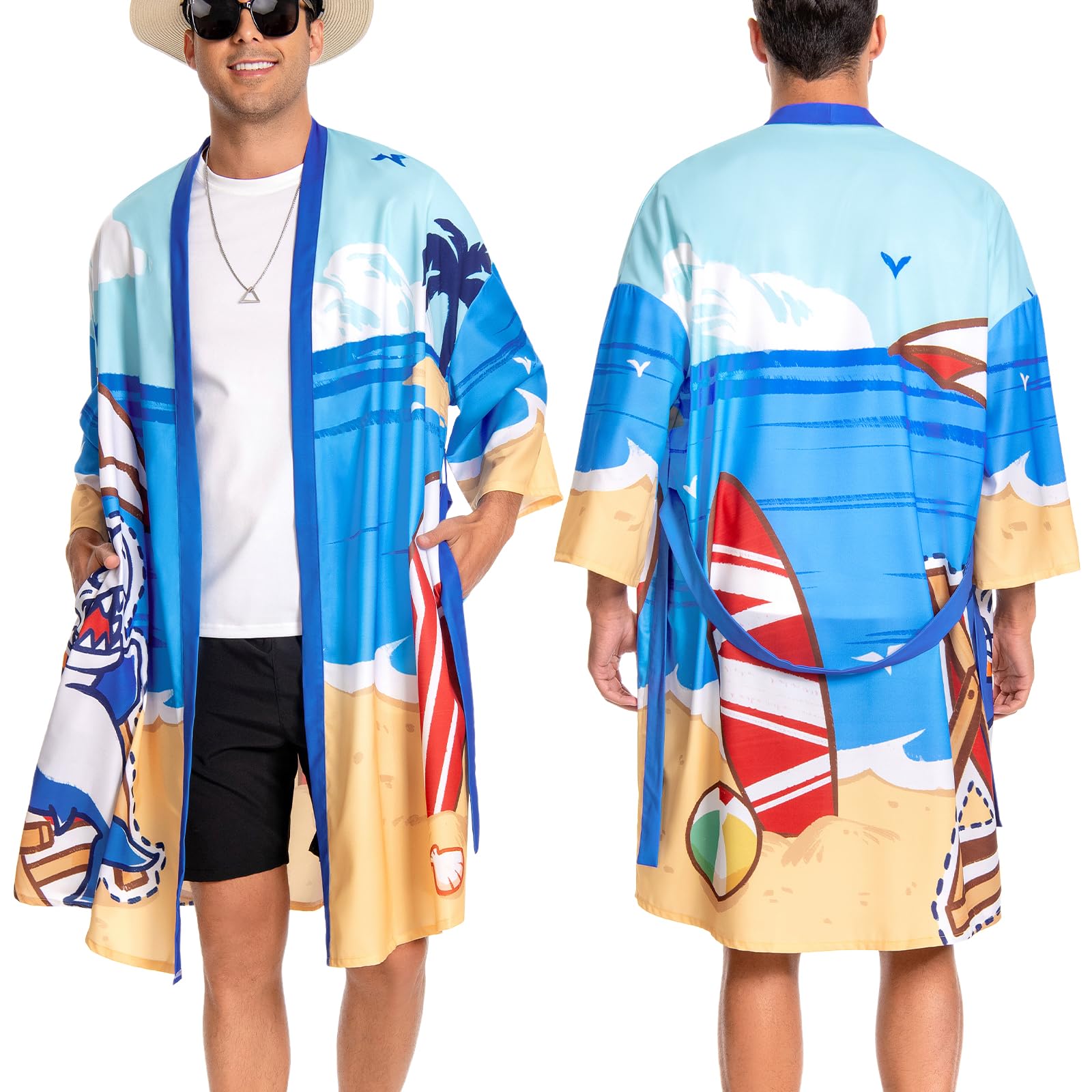 OLAOLA Men Lightweight Kimono Robe with Belt Japanese Style Robe Jacket Casual Open Front Long Cardigan Cape Coat Outwear