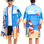OLAOLA Men Lightweight Kimono Robe with Belt Japanese Style Robe Jacket Casual Open Front Long Cardigan Cape Coat Outwear