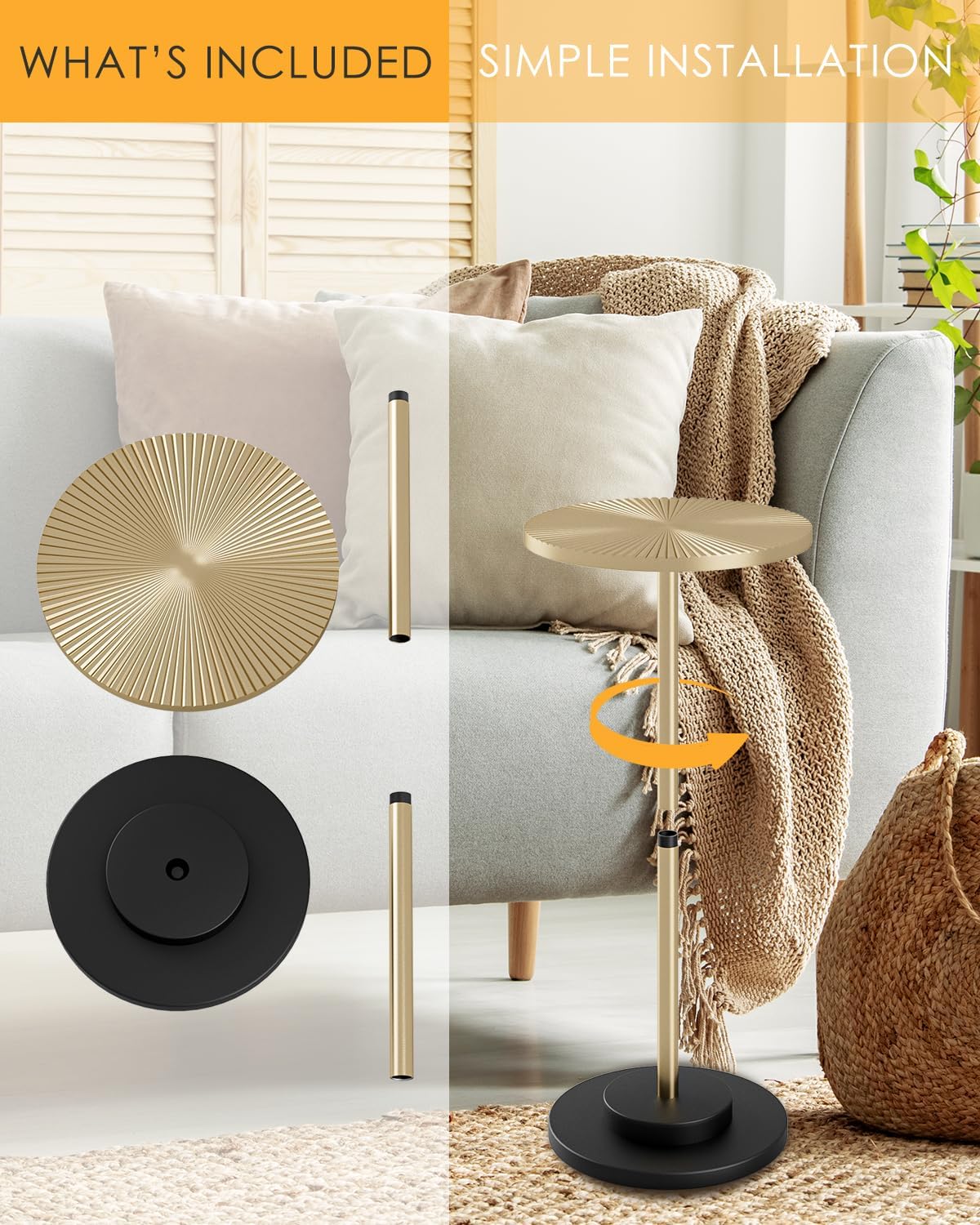 Round Side Table, Small Drink Table for Small Spaces, Modern Accent End Table Coffee Table with Metal Leg for Living Room, Bedroom, Corners, and Office (Gold)