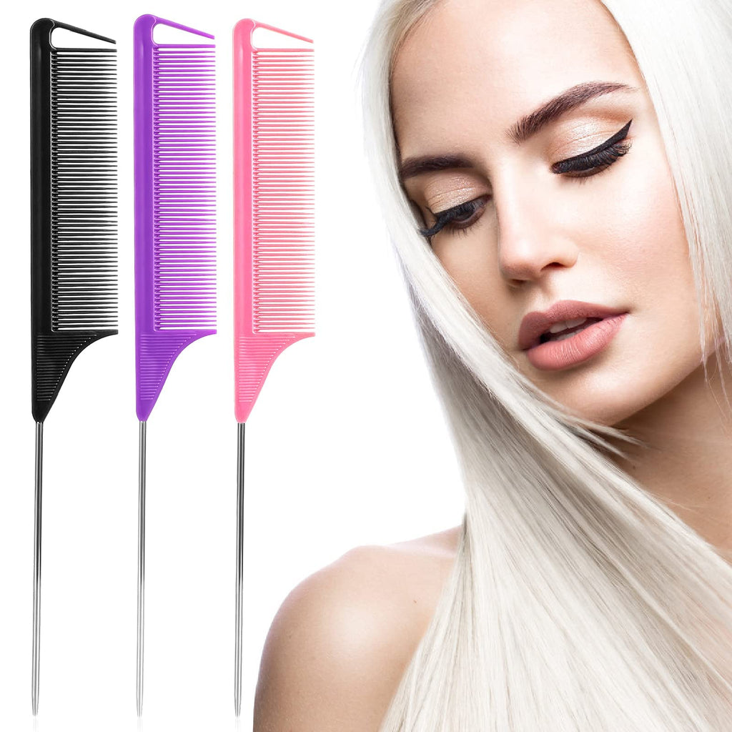 Ensemble de peignes à queue de rat : 3 pièces de peignes à pic en acier longs pour coiffeurs de salon, peignes métalliques pour raies pour femmes (violet, noir, rose)