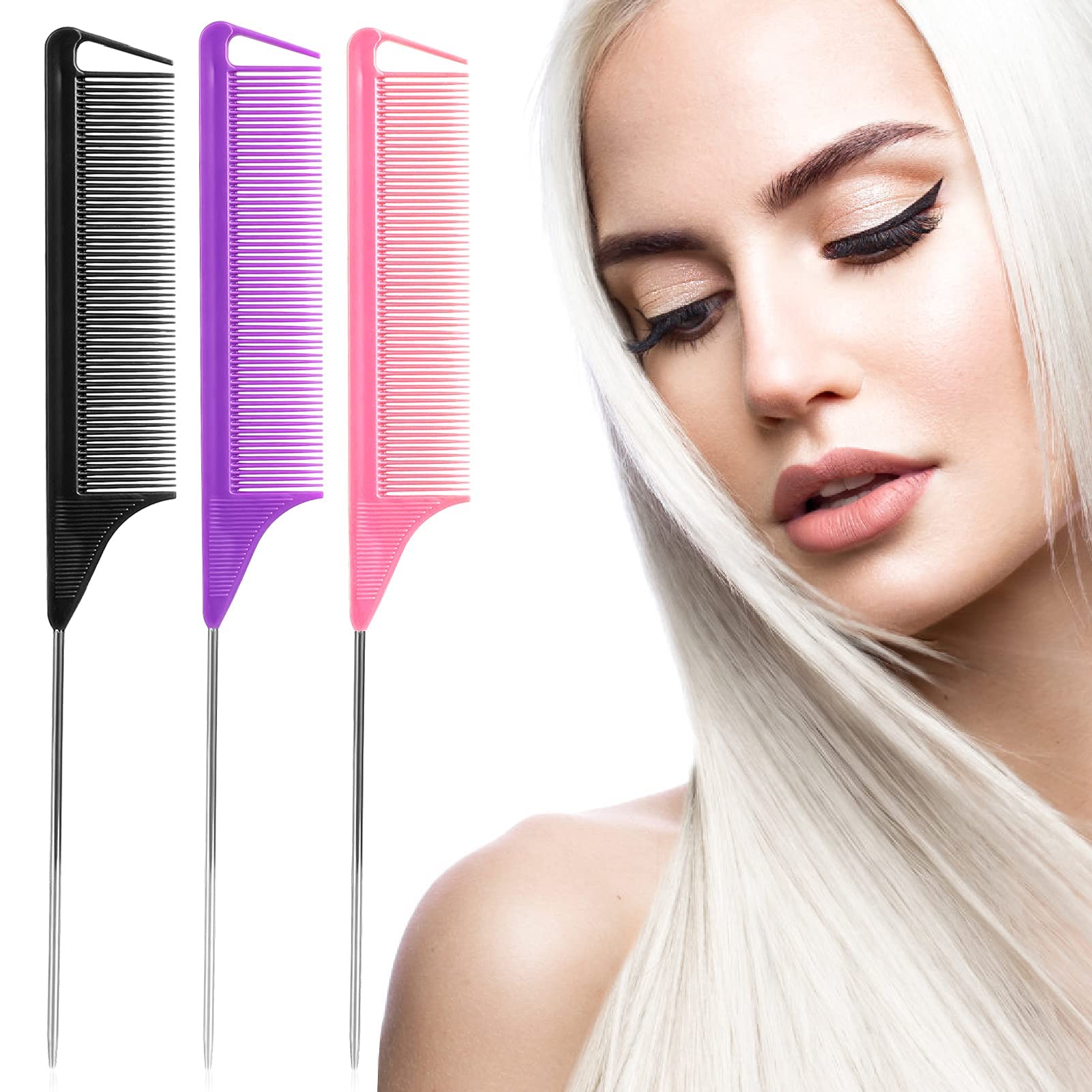 Ensemble de peignes à queue de rat : 3 pièces de peignes à pic en acier longs pour coiffeurs de salon, peignes métalliques pour raies pour femmes (violet, noir, rose)