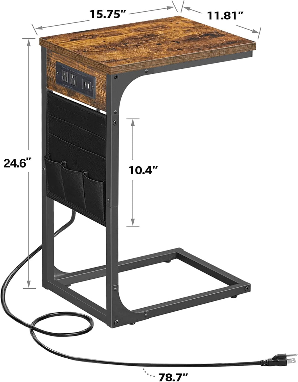 TUTOTAK C Shaped End Table with Charging Station, Side Table for Sofa, Couch Table with Storage Bag, TV Tray with 2 USB Ports and Outlets for Living Room, Bedroom, Brown TB01BB024