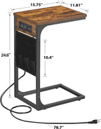 TUTOTAK C Shaped End Table with Charging Station, Side Table for Sofa, Couch Table with Storage Bag, TV Tray with 2 USB Ports and Outlets for Living Room, Bedroom, Brown TB01BB024