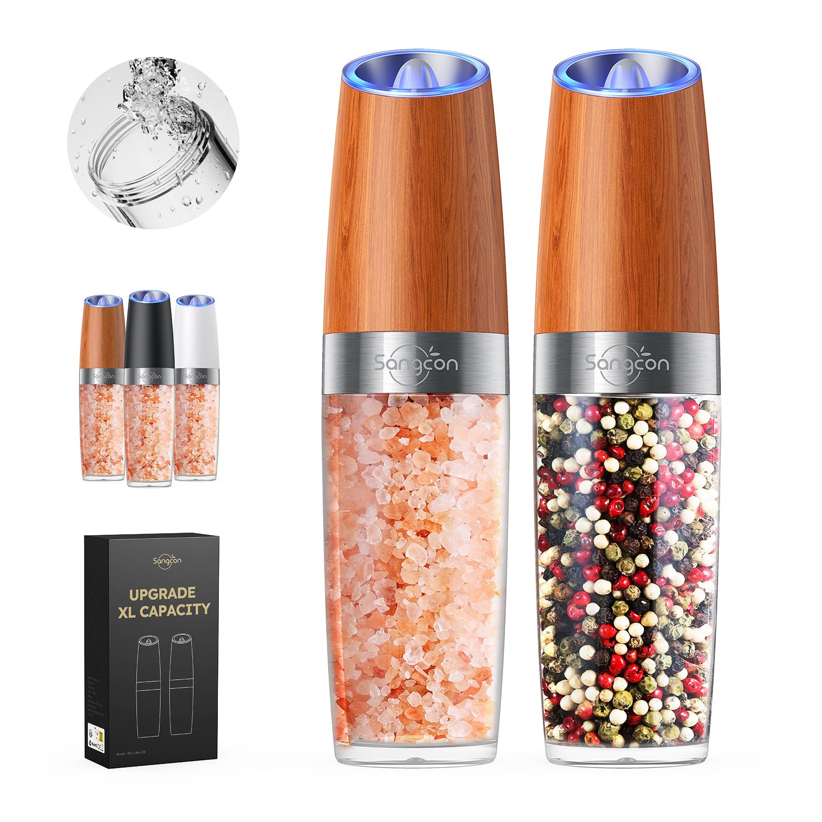 Sangcon Gravity Electric Pepper and Salt Grinder Mill Automatic Shaker Grinder with LED Light, Battery Powered Adjustable Coarseness One Hand Operation, Upgraded Larger Capacity, 1pc