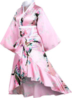 Women's Kimono Robe Geisha Yukata Sweet Tuxedo Ruffle Dress Blossom Satin Bathrobe Sleepwear Fans Tabi Socks Set