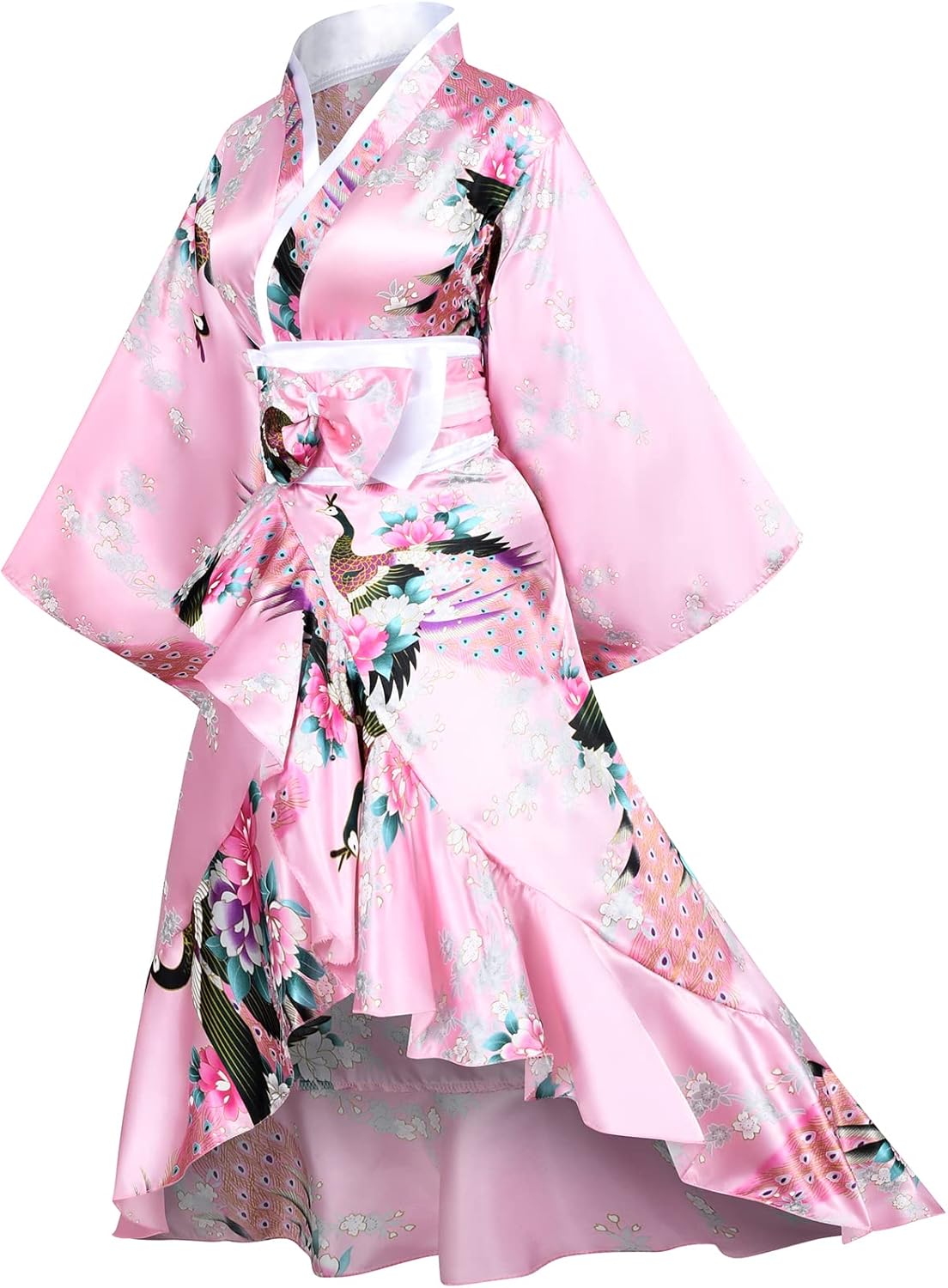 Women's Kimono Robe Geisha Yukata Sweet Tuxedo Ruffle Dress Blossom Satin Bathrobe Sleepwear Fans Tabi Socks Set
