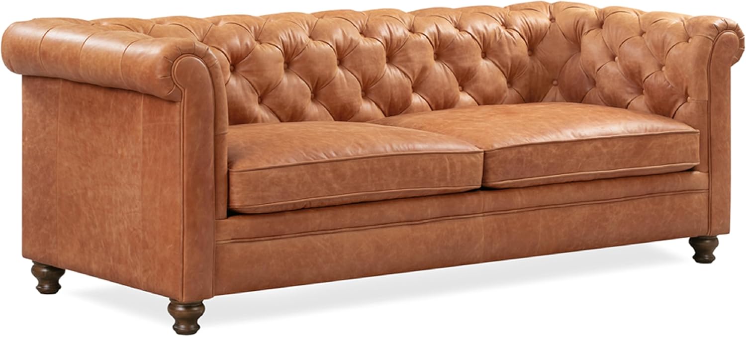 Poly & Bark Lyon Leather Couch - 87.4 Inch Sofa - Full-Grain Leather Sofa for Living Room with Feather-Down Topper - Living Room Couch - Vintage Italian Leather in Cognac Tan