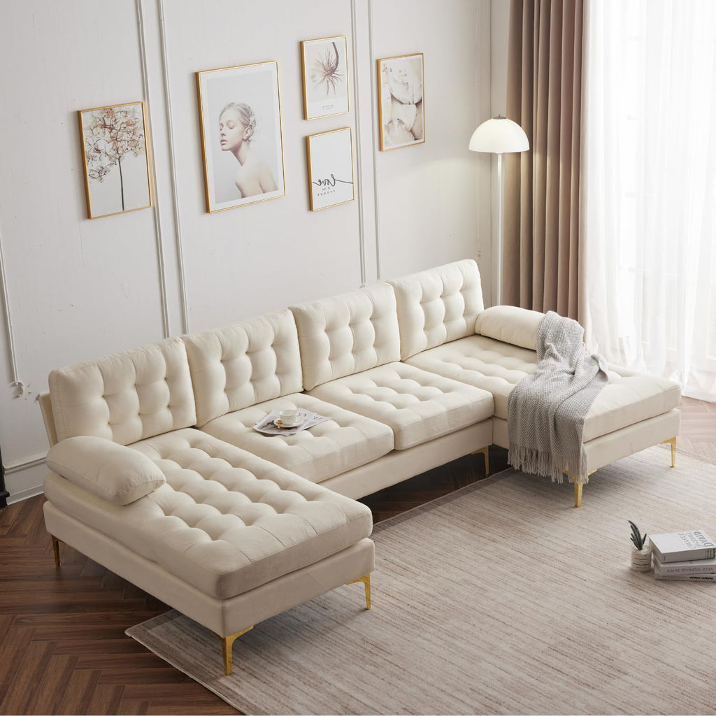 Karl home U-Shape Sectional Sofa Couch 111" Modern 4-Seat Sofa with Chaises Chenille Fabric Upholstered Covertible Couch with Wood Grain Legs for Living Room, Reception Room, Apartment, Black