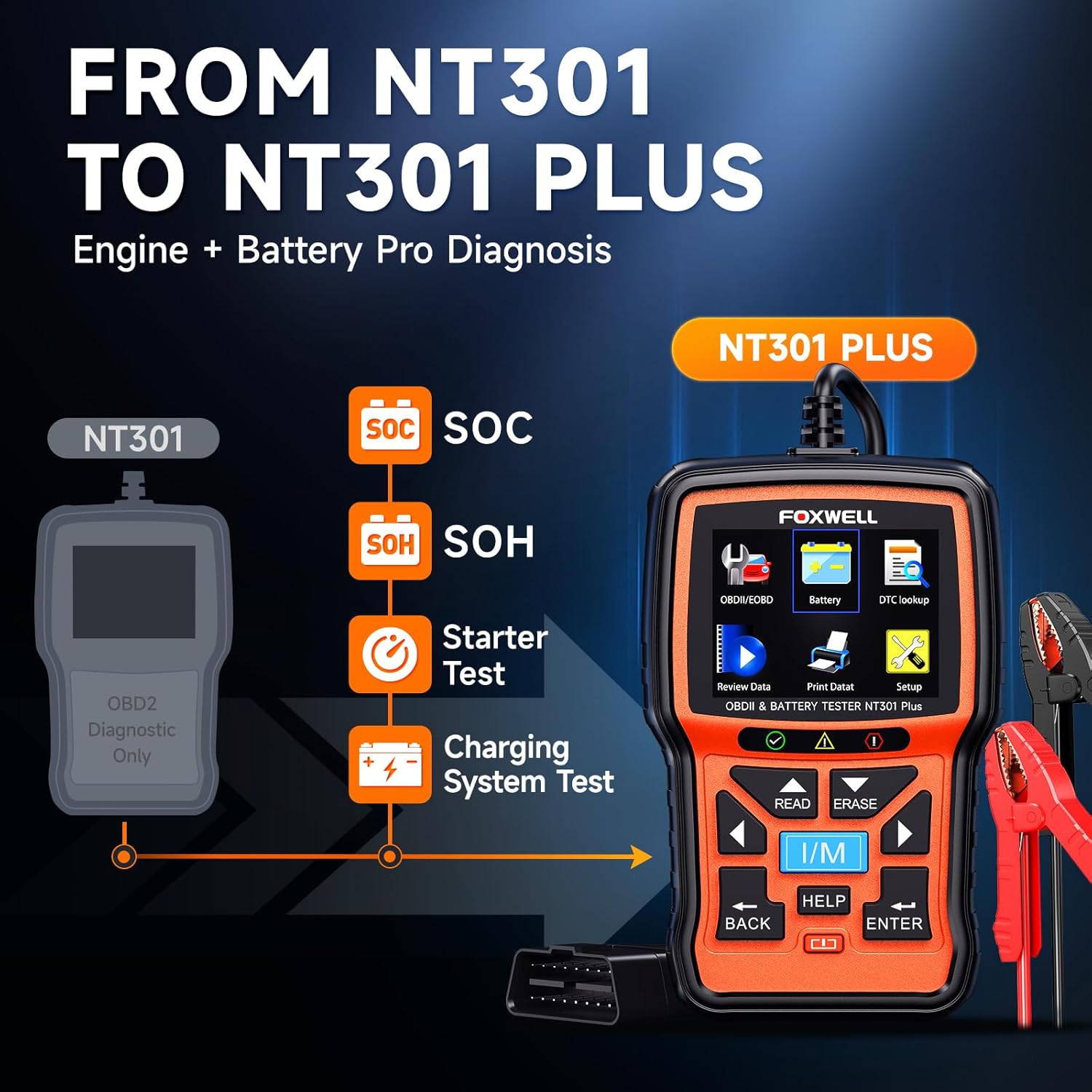 FOXWELL NT301 Plus 2-in-1 OBD2 Scanner Battery Tester, Professional Check Engine Code Reader Car Diagnostic Tool, Live Data, 12V 100-1100CCA Cranking Charging Analyzer for 1996 or Newer Vehicle