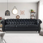 Chesterfield Sofas for Living Room, Black Rolled Arm 3-Seater Leather 84" Large Couch Deep Button Nailhead Tufted Upholstered Couches for Bedroom, Office Apartment Easy to Assemble