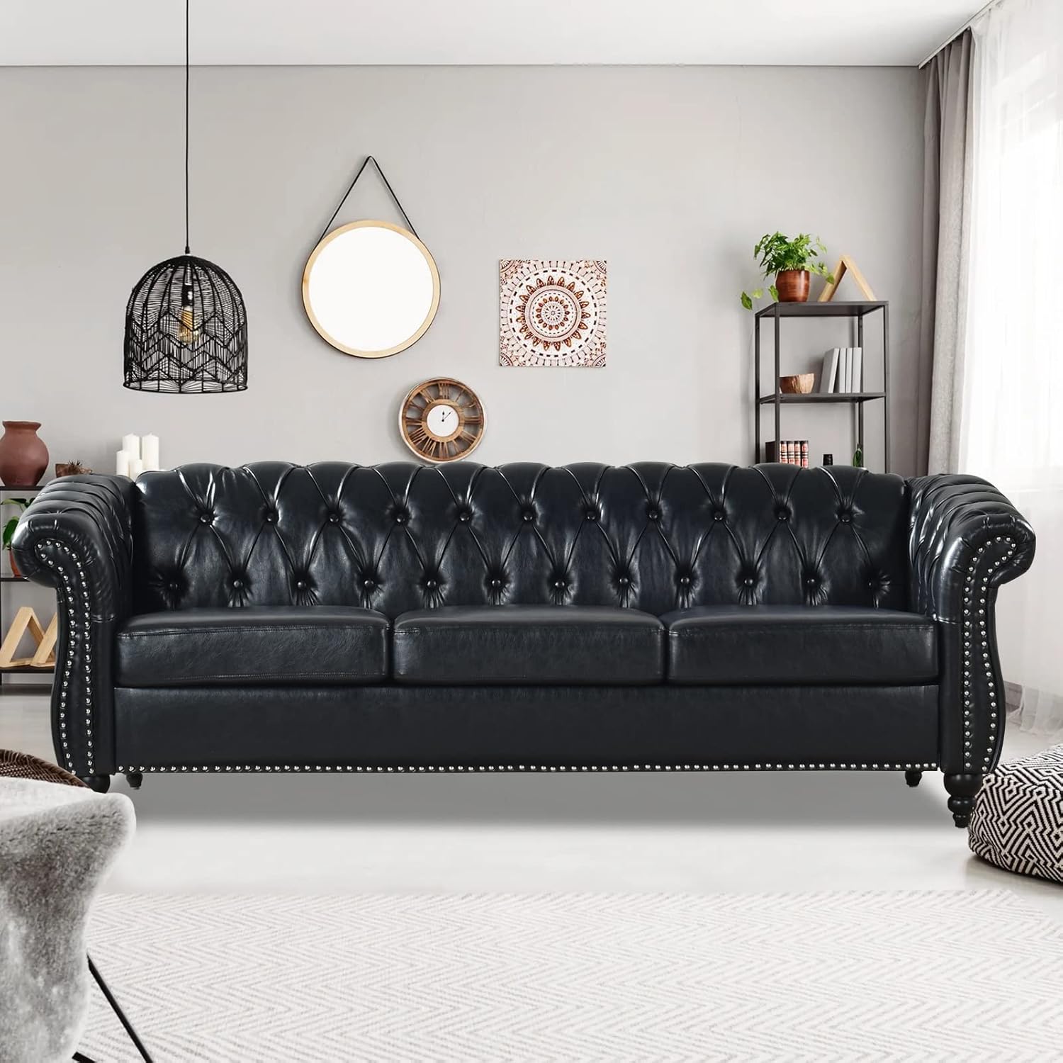 Chesterfield Sofas for Living Room, Black Rolled Arm 3-Seater Leather 84" Large Couch Deep Button Nailhead Tufted Upholstered Couches for Bedroom, Office Apartment Easy to Assemble