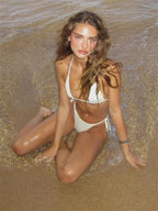 Alyweatry Women 2 Pieces Bikini Swimsuit Spaghetti Strap Top Tie Side Triangle G-Thong Bathing Suit Swimwear (A-White, S)