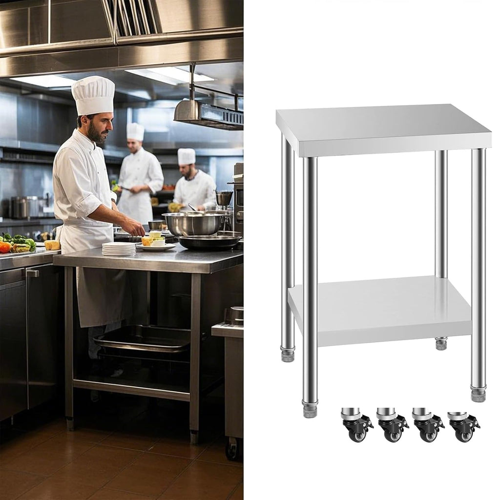 NSF 24x24 Inches Stainless Steel Table for Prep & Work with Caster, Metal Commercial Kitchen Table with Under Shelf and AdjustableTable Foot for Restaurant, Hotel, Home Kitchen, Coffee Station
