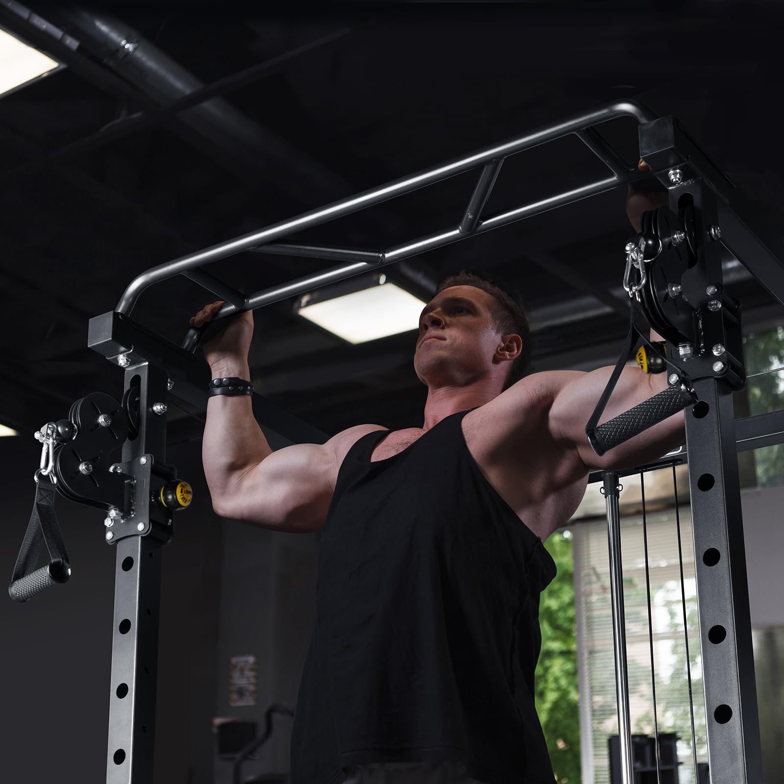 RitFit Multi-Function Power Rack Cage PPC03 with Adjustable Cable Crossover System,1000LBS Capacity, Full Home Gym Workout with J-Hook, Landmine and Other Attachments-Black