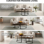 FAHKNS Nesting Coffee Table Set of 2, 27.56" & 19.68" Round Simple Industrial Side Tables for Living Room with Wood Top & Metal Base, Space-Saving Furniture for Small Spaces