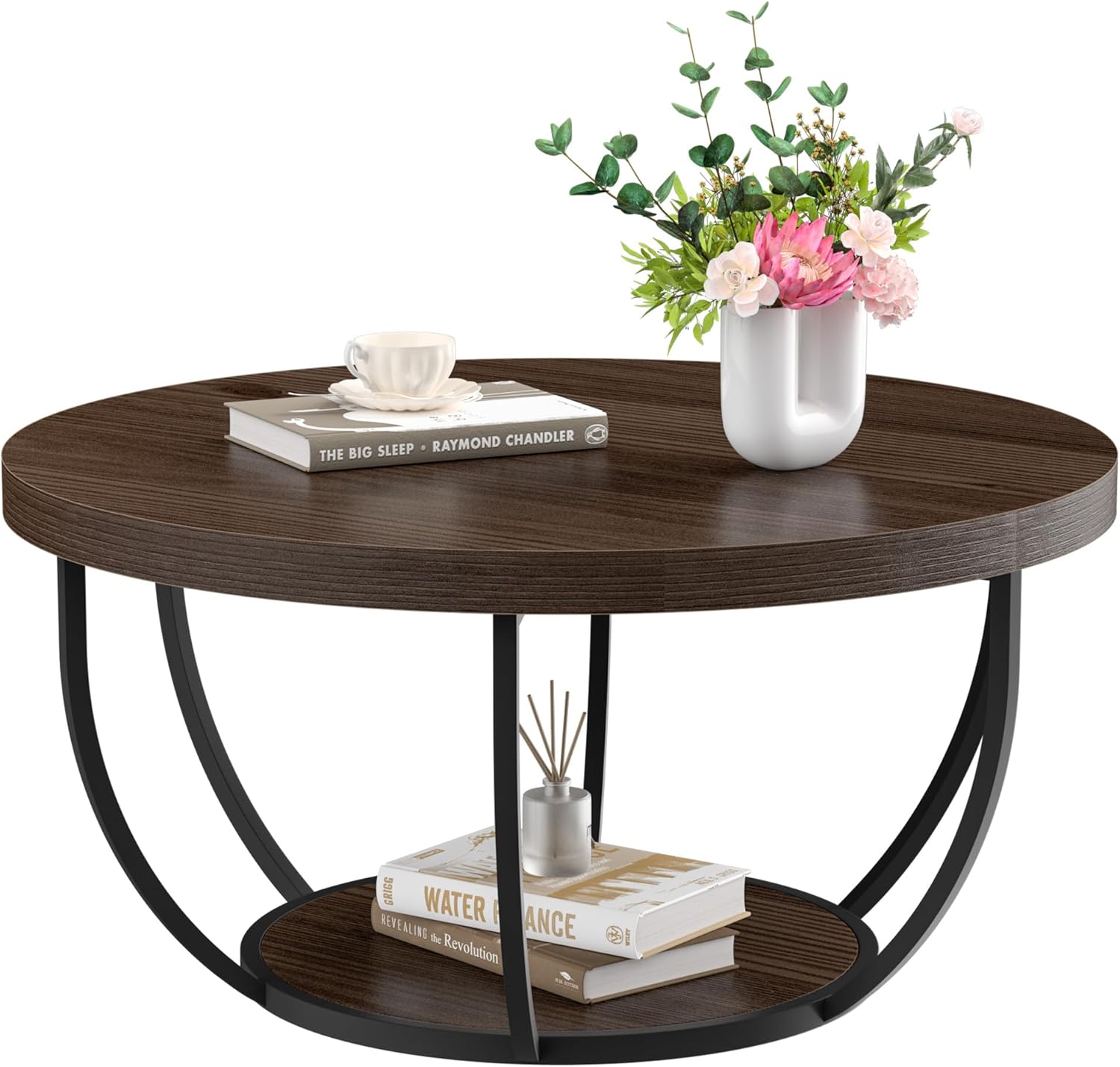 Round Coffee Table, 31" Coffee Table for Living Room Decor, 2-Tier Storage with Steel Frame, Space-Saving Wood Center Table, Modern Style Easy Assembly (Dark Coffee)