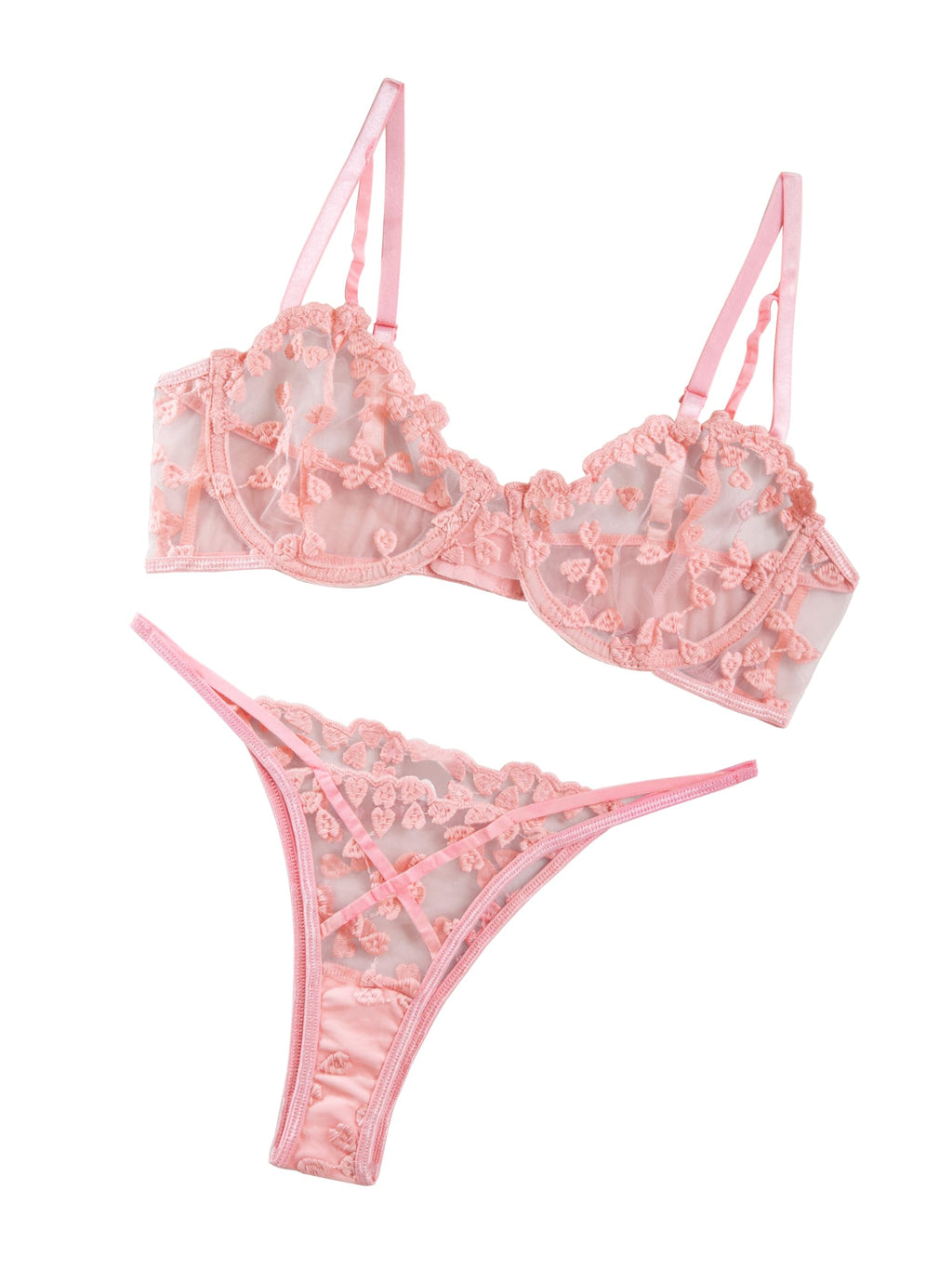 Lilosy Sexy Mignon Soutien-gorge à Armatures Push Up Bretelles Cœur Brodé Maille Transparente Ensemble de Lingerie pour Femmes Soutien-gorge Transparent et Culotte 2 Pièces Rose Très Petit