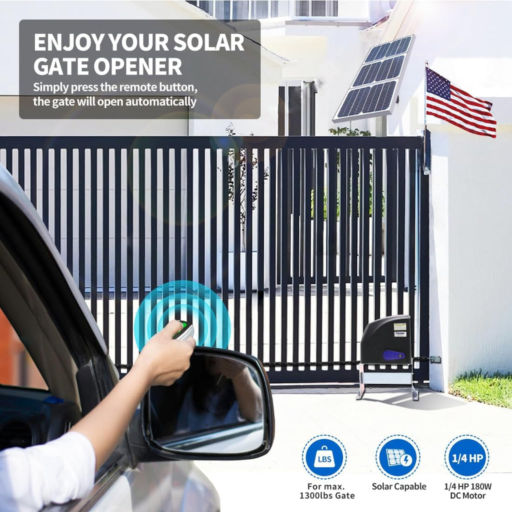 TOPENS DKC500S Solar Sliding Gate Opener Chain Drive Automatic Gate Motor for Heavy Driveway Slide Gates Up to 1300 Pounds, Electric Gate Operator Battery Powered with Solar Panel Remote Control Kit