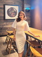 Memoriesea Women's Basic Bodycon Ruffle Flared Short Sleeve Pencil Midi Dress White