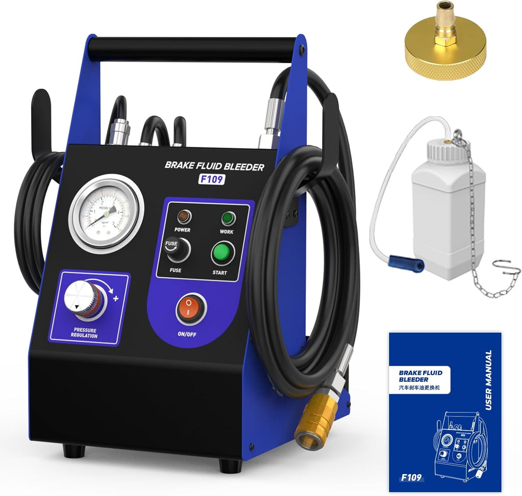 BELEY Brake Bleeder Kit 110V Brake Fluid Bleeder Machine Kit Adjustable 0.7-2.5 Bar Pressure & Flow Microcontroller System for Single User Includes 52MM Master Cylinder Adapter & Oil Bottle