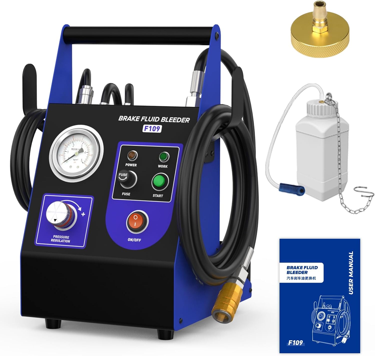 BELEY Brake Bleeder Kit 110V Brake Fluid Bleeder Machine Kit Adjustable 0.7-2.5 Bar Pressure & Flow Microcontroller System for Single User Includes 52MM Master Cylinder Adapter & Oil Bottle