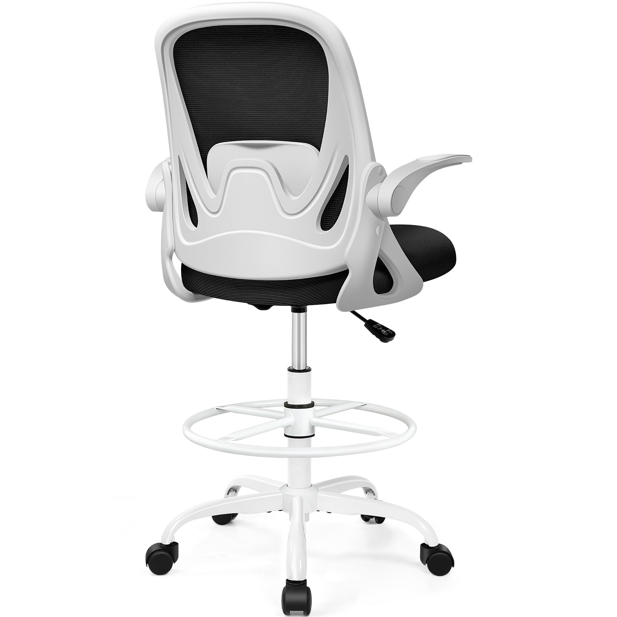 Primy Drafting Chair Tall Office Chair with Flip-up Armrests Executive Ergonomic Computer Standing Desk Chair with Lumbar Support and Adjustable Footrest Ring (Black)
