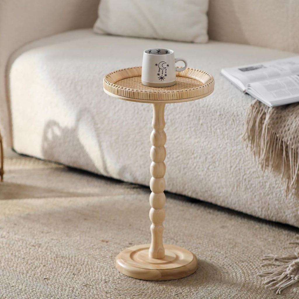 Rattan Small Side Table, Round Drink Table for Small Spaces, Boho Accent End Table with Solid Wood Leg for Living Room, Nightstand Table for Bedroom, Corners
