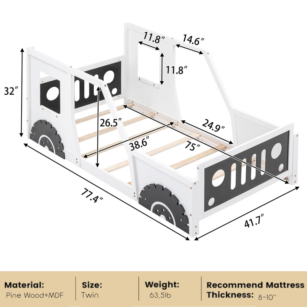Twin størrelse bil seng, trægulvs sengestel med hovedgærde og fodgærde samt 4 siderækværk, børns racerbilseng til drenge piger teenagere, hvid