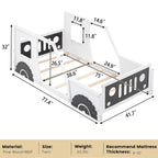 Twin størrelse bil seng, trægulvs sengestel med hovedgærde og fodgærde samt 4 siderækværk, børns racerbilseng til drenge piger teenagere, hvid
