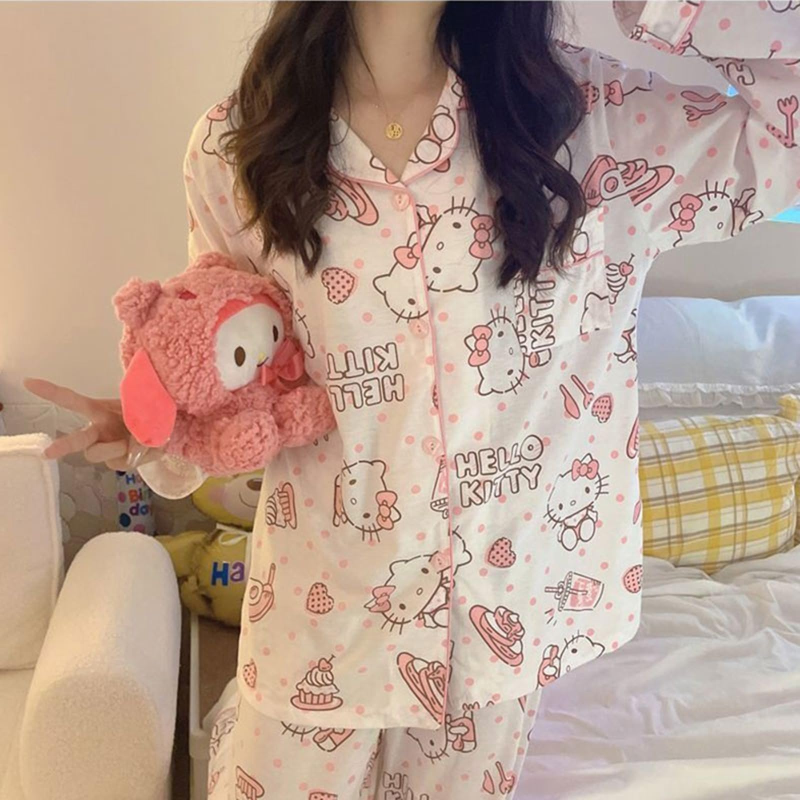 TradWloth Cute Women's Pajama Sets, Cartoon Print Sleepwear Long Sleeve Shirt and Casual Pajama Pants