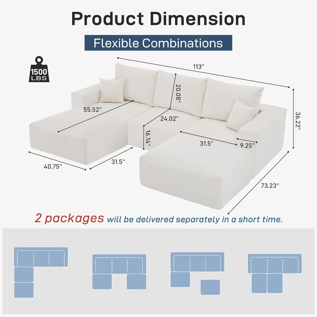 Sectional Cloud Boneless Sofa Couches for Living Room-113'' Beige 3 Seater U-Shaped Modern Lounge Couch-No Assembly Modular Corduroy Convertible Sponge Sleeper Sofas with Chaise for Home House
