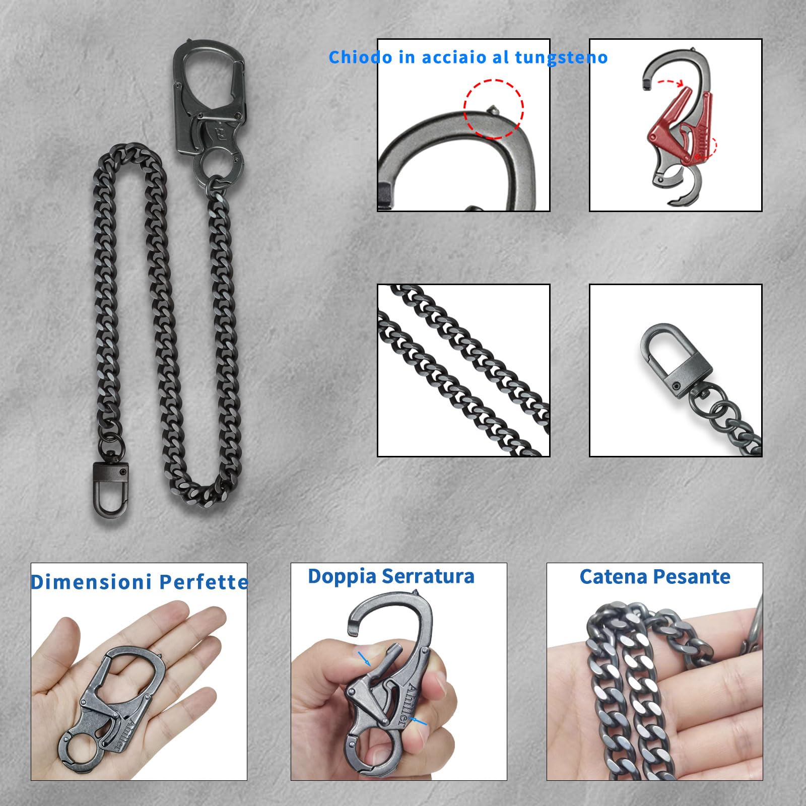 Ahiller Wallet Chain for Men, Lockable Carabiner with Tungsten Steel Taper, Heavy Duty Chain for Key and Pocket,Belt Chains (DK-keyclip-Black-1PCS)
