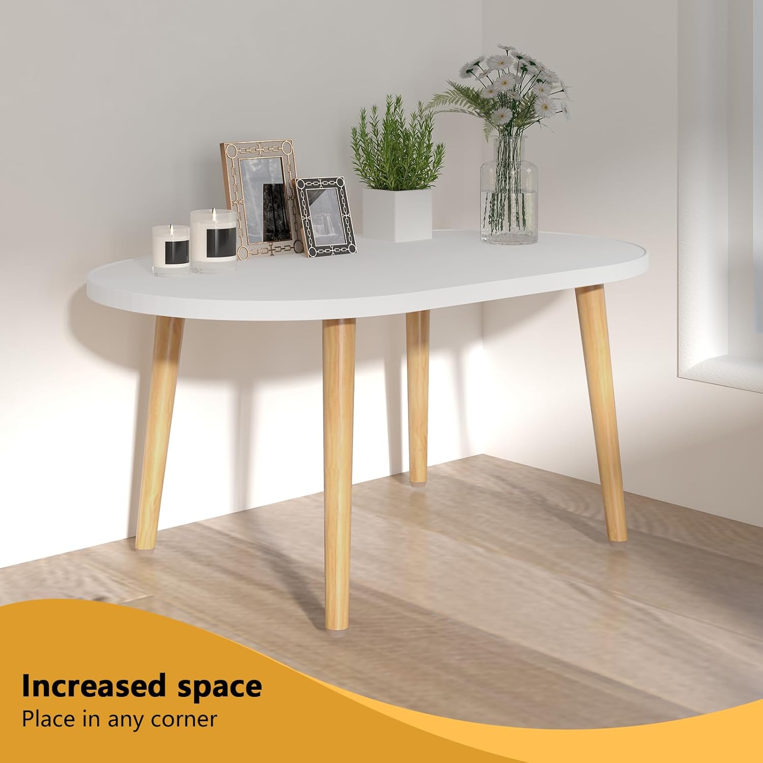 Oval Coffee Table Low Table with 4 Solid Wood Sturdy Legs, Floor Table Desk for Sitting on The Floor, Storage and Living Room Furniture (White)