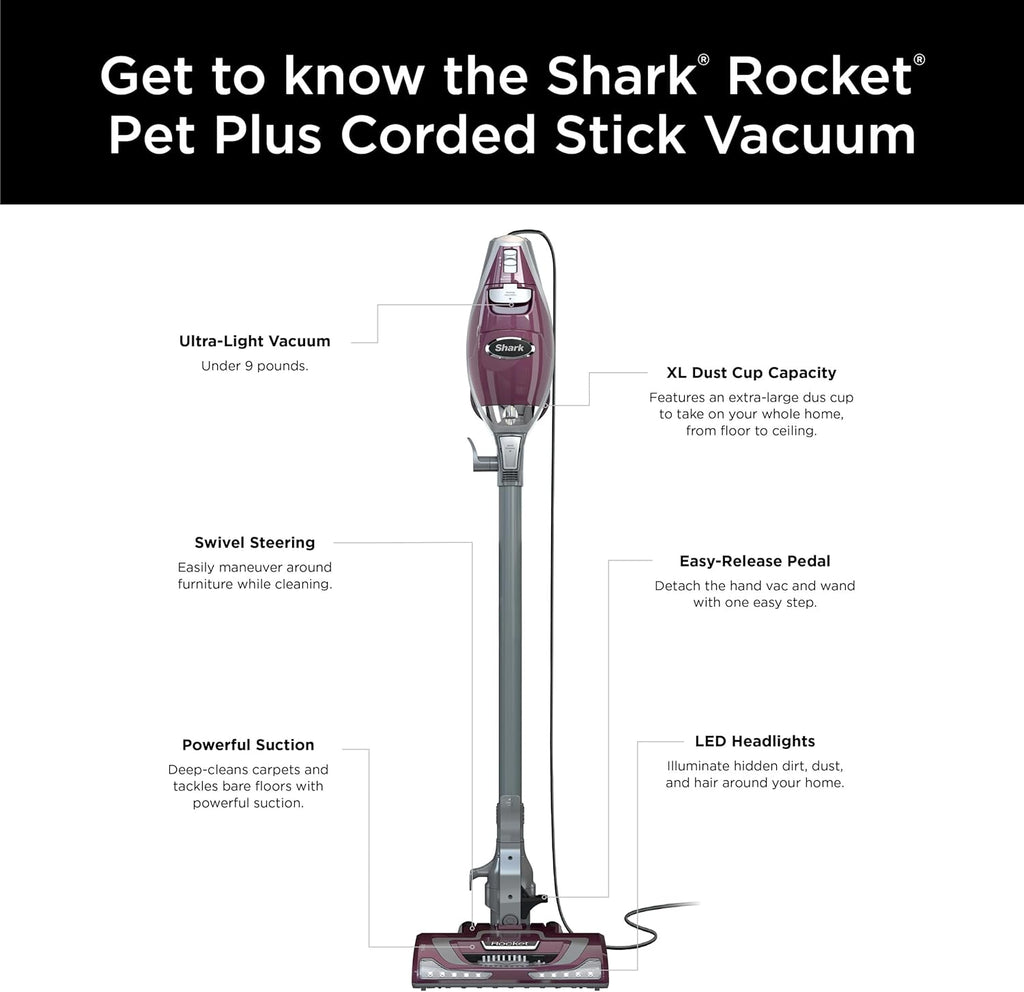Shark HV322 Rocket Deluxe Pro Corded Stick Vacuum with LED Headlights, XL Dust Cup, Lightweight, Perfect for Pet Hair Pickup, Converts to a Hand Vacuum, with Pet Attachments, Bordeaux/Silver