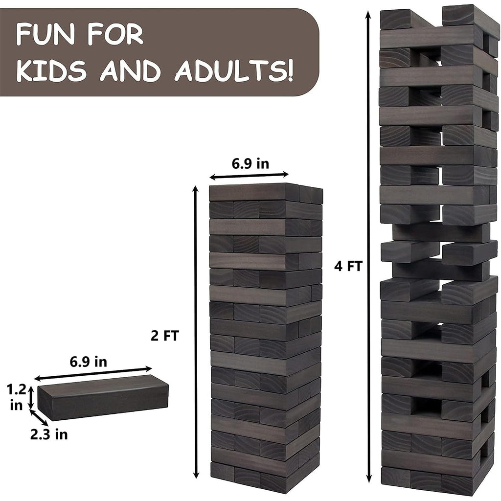 Juegoal 54 Piece Giant Tumble Tower Grey for Adult Kids Family, Wooden Block Stacking Game with Gameboard & Canvas Bag, Outdoor Games for Backyard Lawn Party Playing, 6.9 x 6.9 x 24 Inches,X-Large