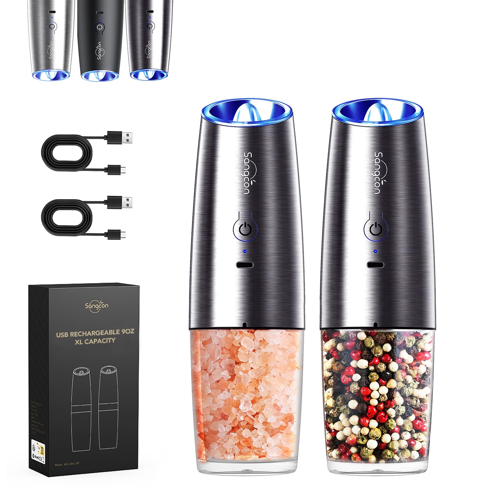Sangcon Gravity Electric Pepper and Salt Grinder Mill Automatic Shaker Grinder with LED Light, Battery Powered Adjustable Coarseness One Hand Operation, Upgraded Larger Capacity, 1pc