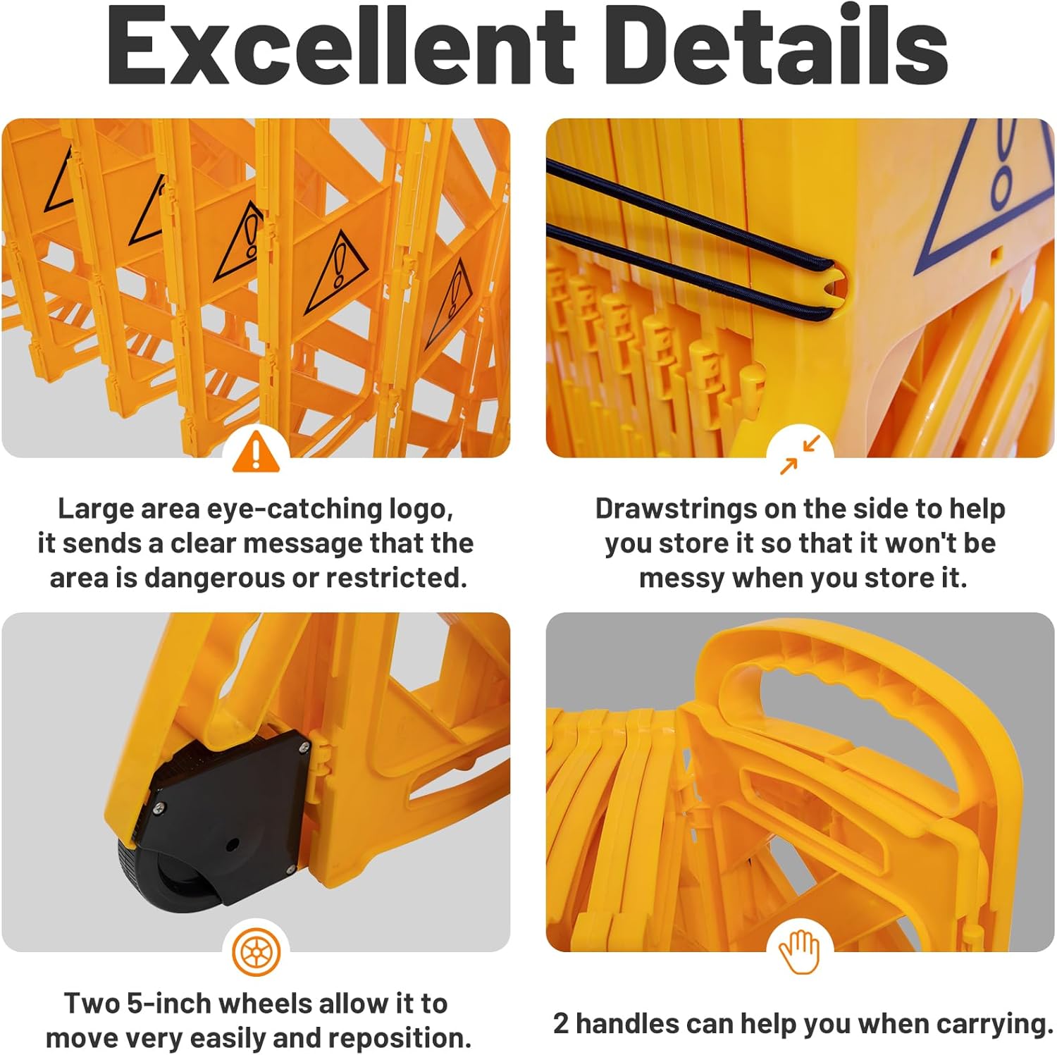 13 Feet 16 Hinged 1 Yellow Warning Panels, Commercial Portable Safety Barrier, Foldable Security Gates Barrier, Traffic Barricade Fence, Plastic Barricade for Construction, Traffic Control