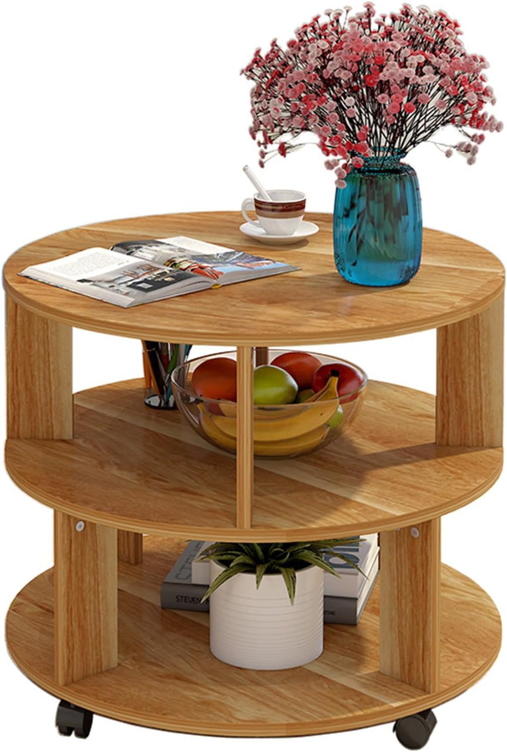 RNE Coffee Table with Wheels,Round Side Table with 2-Tier Storage Shelf,End Table Easy Assembly,Cocktail Table for Home Office