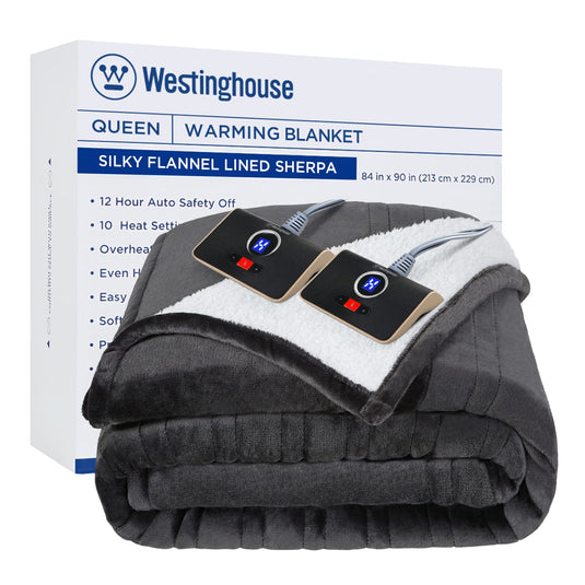 Westinghouse Heated Blanket Queen Size, Soft Flannel to Sherpa Electric Blanket with 10 Heating Levels, 12 Hours Auto Off, Fast Heating Blanket, Machine Washable, 84x90 Inch, Charcoal