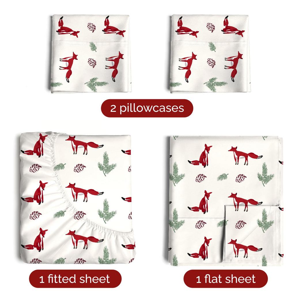 Komplet pościeli King Christmas Tree - Świąteczny wzór Xmas na lnie - Głębokie kieszenie - Dopasowany krój - 4 części - Bez zagnieceń - Wygodna i chłodząca świąteczna pościel zimowa - Łatwa w pielęgnacji - Przyjazna dzieciom