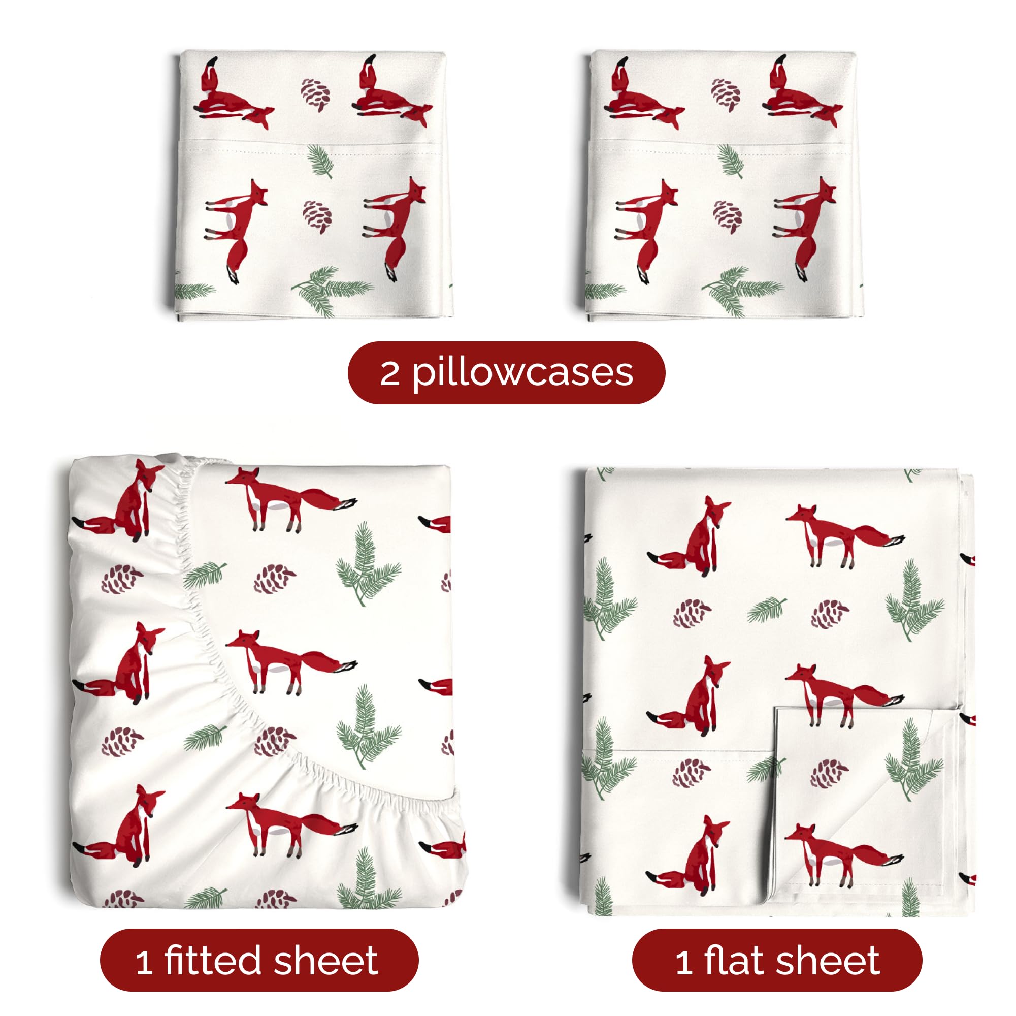 Komplet pościeli King Christmas Tree - Świąteczny wzór Xmas na lnie - Głębokie kieszenie - Dopasowany krój - 4 części - Bez zagnieceń - Wygodna i chłodząca świąteczna pościel zimowa - Łatwa w pielęgnacji - Przyjazna dzieciom