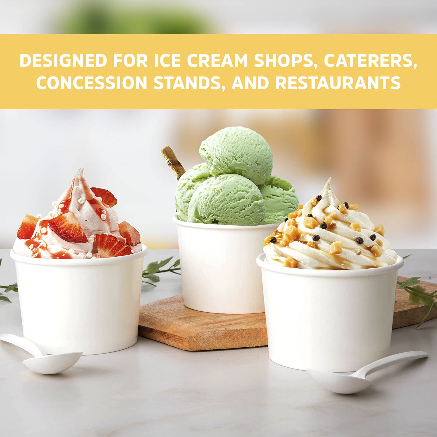 Vasos de papel para helado Promora de 12oz desechables 50 unidades + cucharas, tazones para sopa caliente/postre con cucharas, perfectos para comida caliente y fría, tazones desechables para sopa, tazones para helado, yogur congelado (blanco 12oz)