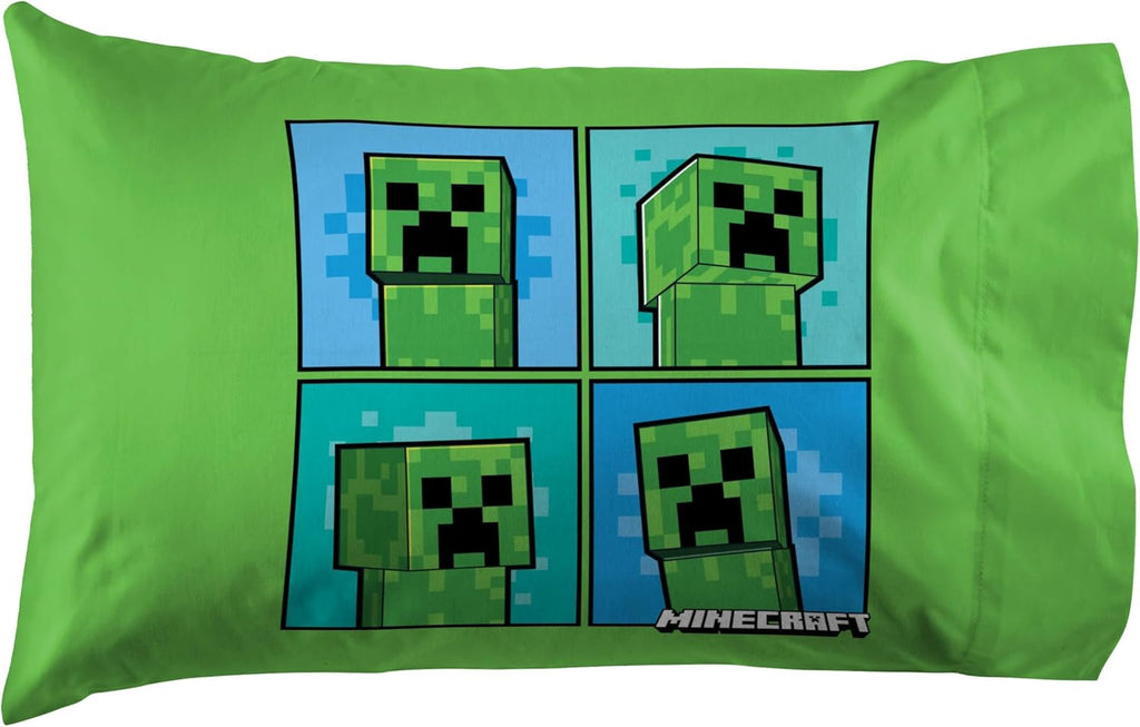 Jay Franco Kids Sheet Set with Fitted, Flat Sheets & Pillow Cover - Ultra-Soft Bedding with Pillowcase for Room Decor, Blue - Minecraft Creeper, 4 Piece Full