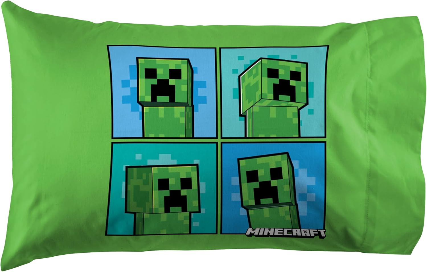 Jay Franco Kids Sheet Set with Fitted, Flat Sheets & Pillow Cover - Ultra-Soft Bedding with Pillowcase for Room Decor, Blue - Minecraft Creeper, 4 Piece Full