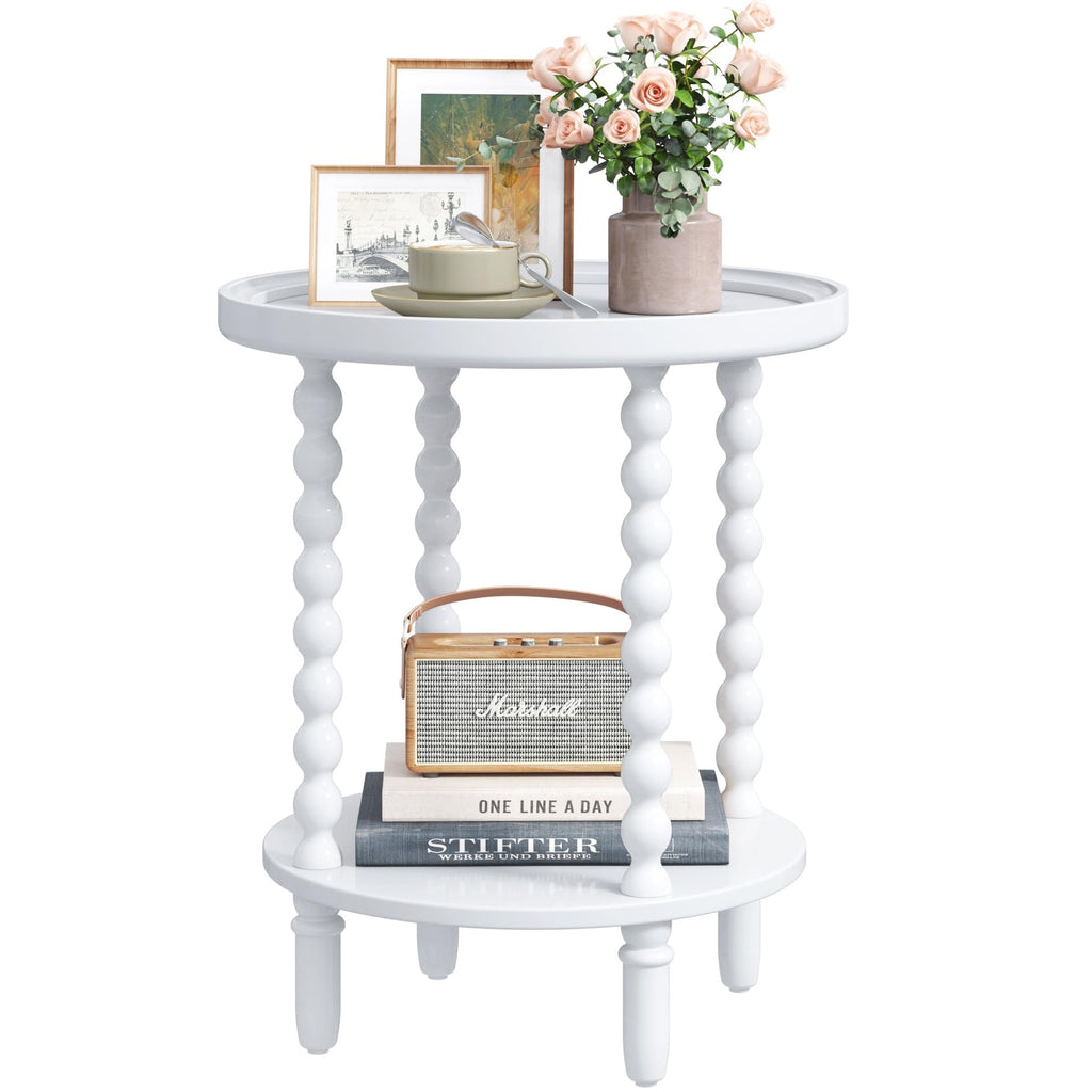 Gadroad Round End Table with Storage Shelf, 2 Tier Couch Side Table, Wood Coffee Table for Living Room, Bedroom, Black 19.3 * 19.3 * 25.6 inches