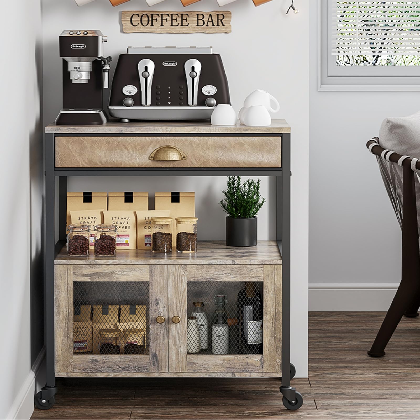 X-cosrack Buffets Coffee Bar Station, 3-Tier Small Coffee Stand Station with Storage, Farmhouse-Style Microwave Cart Featuring 2-Door Cabinet Ideal for Living Room, Entryway, Sideboards