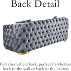 THSUPER 89'' Luxury Velvet Chesterfield Couch, 3 Seater Vintage Button Tufted Victorian Sofa with Wide Armrest, Grey Modern Sofas with 2 Pillows and Gold Metal Legs for Living Room,Office, Hotel